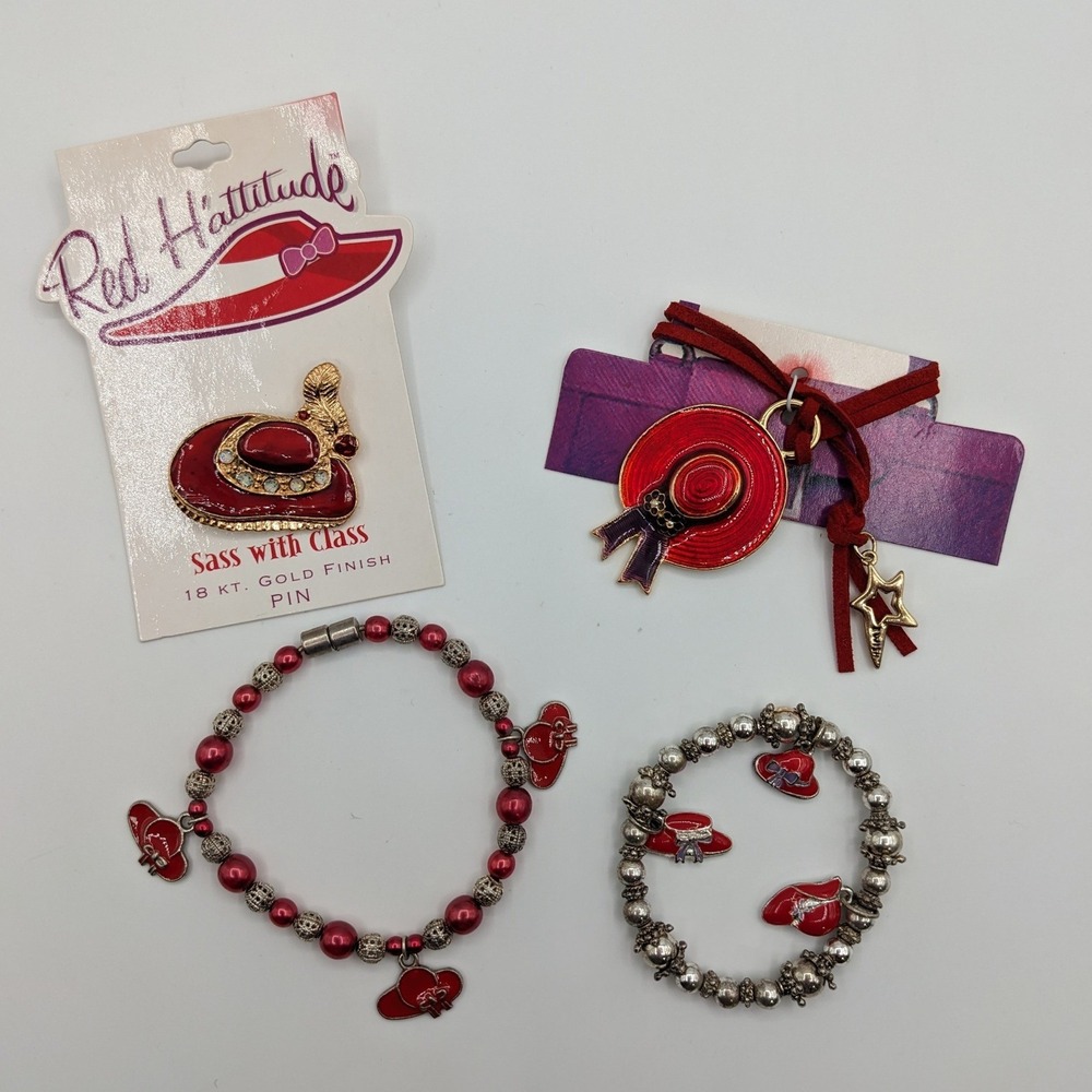 Red Hat Society Jewelry Set Red H'attitude Brooch Necklace Bracelets‎ 4pc Lot